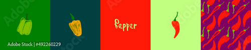 Vector hot pepper banner. Hand-drawn pattern. Peppers illustration. Pepper drawings. Red chilli background. Organic homemade vegetables. Vegan food wallpaper. Spices backdrop. Vegetarian restaurant.