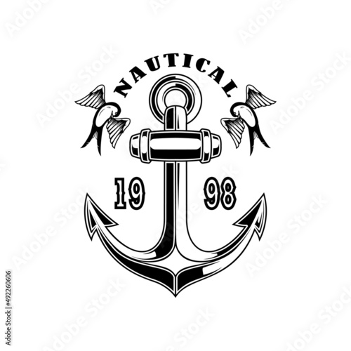 Vintage anchor with swallows. Design element for emblem, sign, badge, logo. Vector illustration