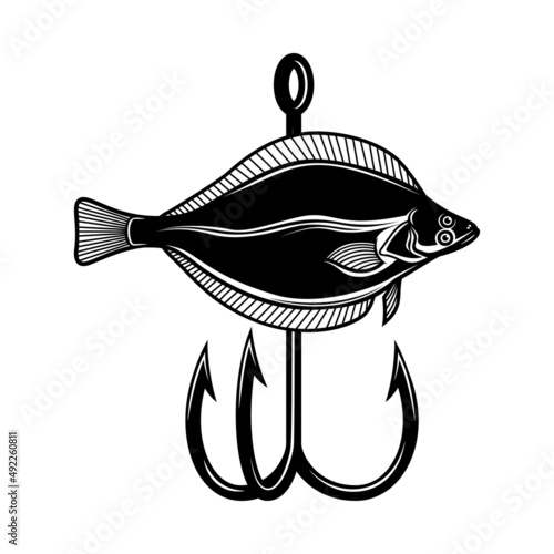 flounder  fish and crossed fishing hooks. Design element for logo, emblem, sign, poster, t shirt. Vector illustration
