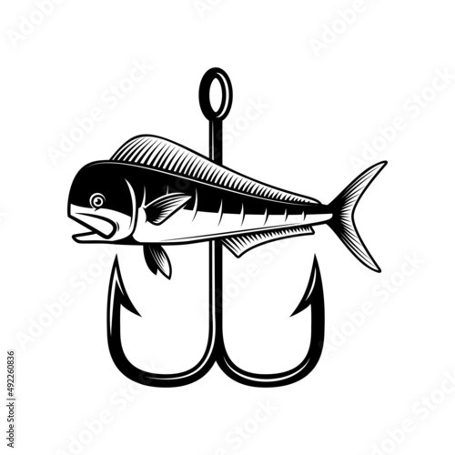Mahi mahi fish and crossed fishing hooks. Design element for logo, emblem, sign, poster, t shirt. Vector illustration