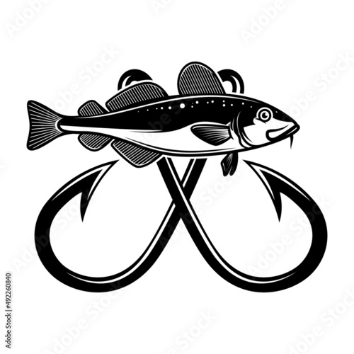 Cod and fishing hook. Design element for emblem, sign, badge, logo. Vector illustration