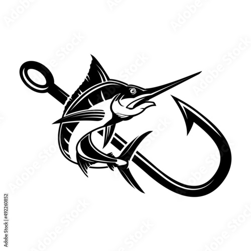 Sword fish with crossed fishing hooks. Design element for logo, emblem, sign, poster, t shirt. Vector illustration