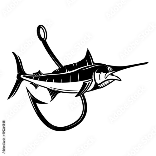 Sword fish with crossed fishing hooks. Design element for logo, emblem, sign, poster, t shirt. Vector illustration