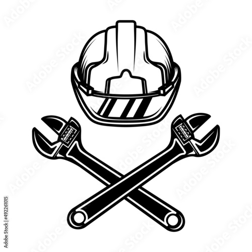 Worker helmet and crossed wrenches. Design element for logo, emblem, sign, poster, t shirt. Vector illustration