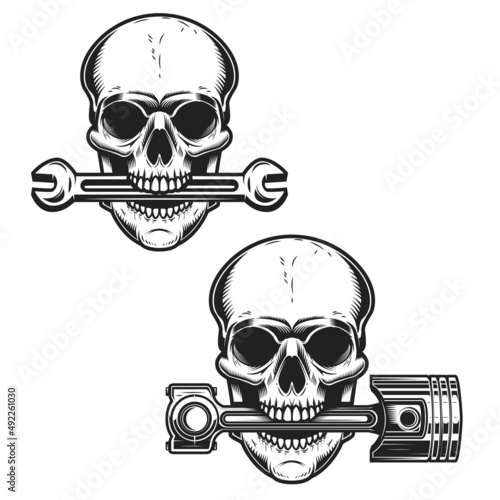 Biker skull with piston in teeth. Design element for logo, label, sign, emblem. Vector illustration