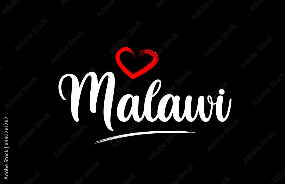 Malawi country with love red heart on black background