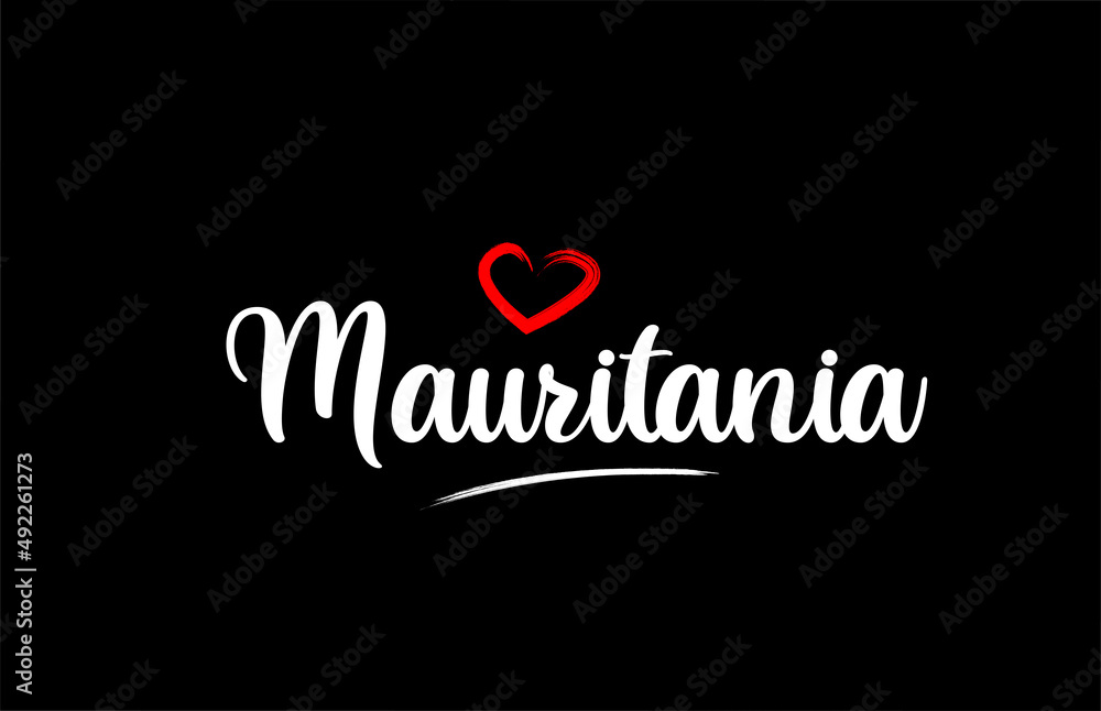 Mauritania country with love red heart on black background