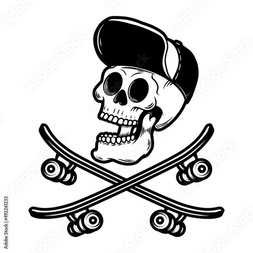 Skateboarder skull with crossed skateboards. Design element for logo, label sign, poster, t shirt. Vector illustration