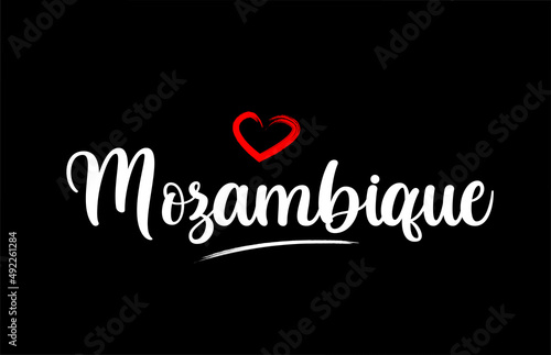 Mozambique country with love red heart on black background