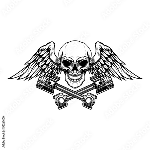 Winged skull with crossed pistons. Design element for emblem, sign, badge, logo. Vector illustration