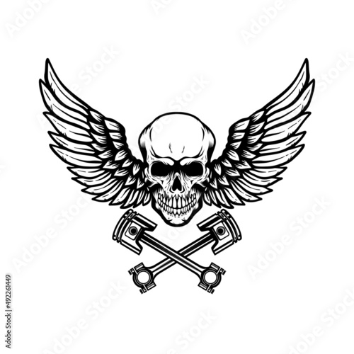 Winged skull with crossed pistons. Design element for emblem  sign  badge  logo. Vector illustration