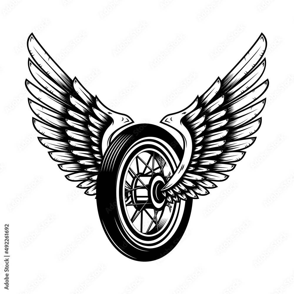 Illustration of winged wheel isolated on white background. Design