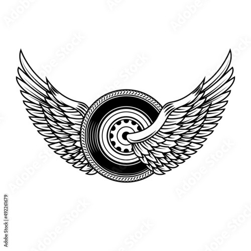 Winged wheel in monochrome style. Design element for logo, label, sign, emblem. Vector illustration