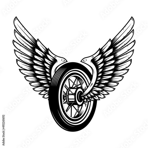 Illustration of winged wheel isolated on white background. Design element for logo, label, sign, poster, t shirt. Vector illustration