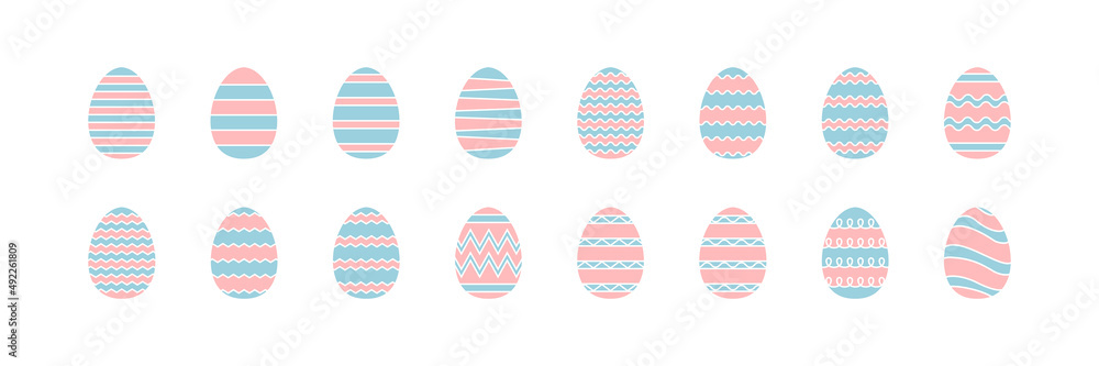 Easter eggs set design. Pink and blue eggs collection for Easter holiday. Vector elements in flat style isolated on white background Easter eggs set design. Pink and blue eggs collection for Easter holiday. Vector elements in flat style isolated on white background