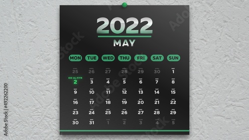 A beautiful black May page of the calendar 2022 and Eid al-Fitr date marked with green