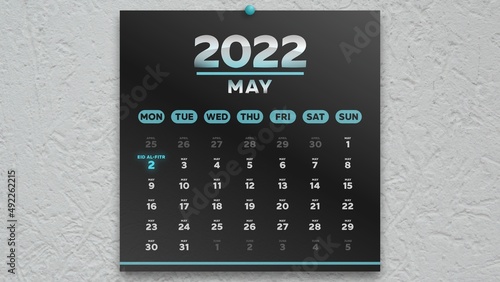 A beautiful black May page of the calendar 2022 and Eid al-Fitr date marked with blue