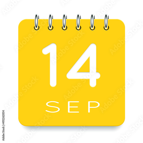 14 day of the month. September. Cute yellow calendar daily icon. Date day week Sunday, Monday, Tuesday, Wednesday, Thursday, Friday, Saturday. Cut paper. White background. Vector illustration.