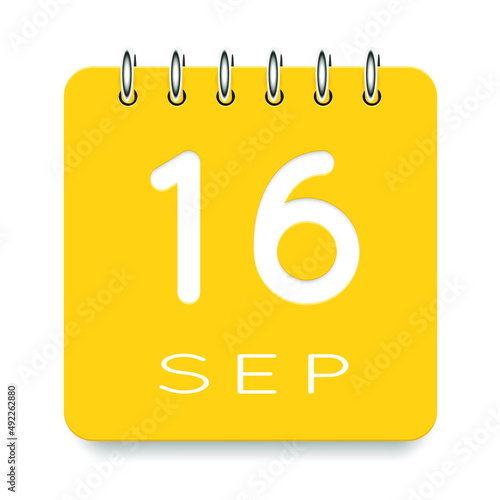 16 day of the month. September. Cute yellow calendar daily icon. Date day week Sunday, Monday, Tuesday, Wednesday, Thursday, Friday, Saturday. Cut paper. White background. Vector illustration.