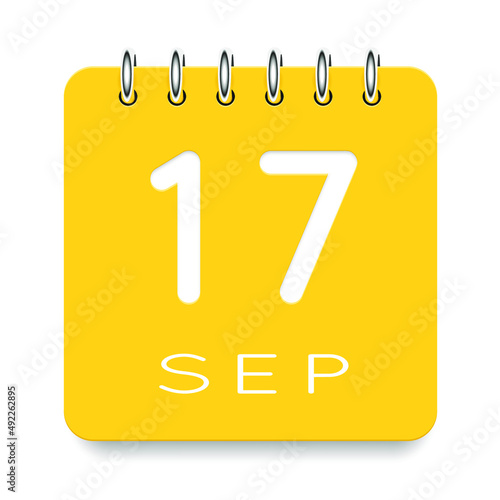 17 day of the month. September. Cute yellow calendar daily icon. Date day week Sunday, Monday, Tuesday, Wednesday, Thursday, Friday, Saturday. Cut paper. White background. Vector illustration.