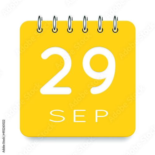 29 day of the month. September. Cute yellow calendar daily icon. Date day week Sunday, Monday, Tuesday, Wednesday, Thursday, Friday, Saturday. Cut paper. White background. Vector illustration.