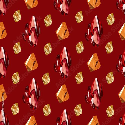 Seamless pattern with garnet and citrine gemstones on a red background. Magic stones. Colorful hand drawn vector illustration. Print for wrapping, textile or fabric, paper