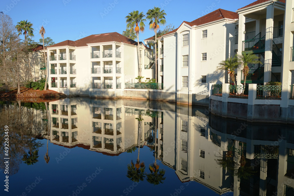 apartment buildings with palm tree in tropical area reflection in pond