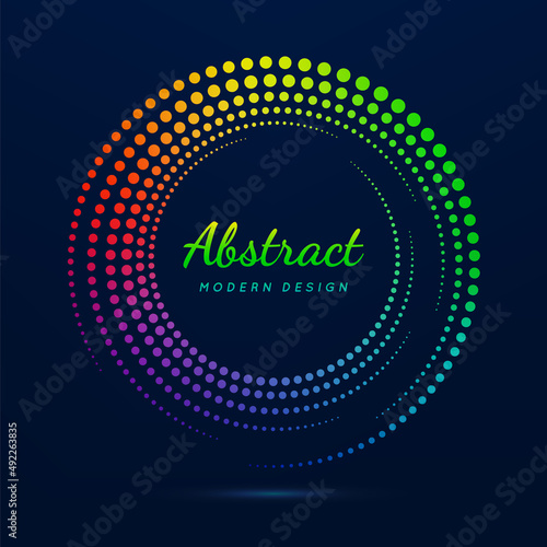 Circle frame. Faded neon circular. Halftone dot pattern. Fading gradient frames. Boarder fades dots. Round shape. Color ring on dark background. Radial border for design prints. Vector illustration