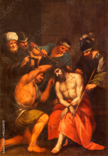VALENCIA, SPAIN - FEBRUARY 14, 2022: The painting of Crowning of Thorns in the Cathedral by Vicente Ingles from 18. cent.