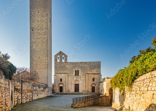 Photography The village of Tarquinia, Viterbo, Lazio, Italy - The tower and facade of the Church of Santa Maria in Castello, in Romanesque style