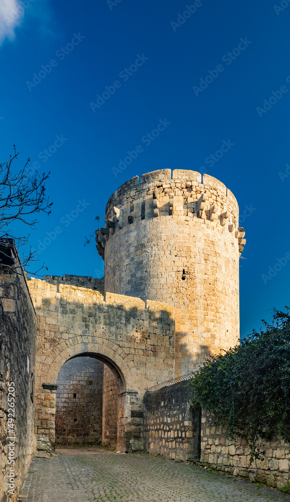 The village of Tarquinia, Viterbo, Lazio, Italy - Porta di Castello, the access arch through the ancient defensive walls of the city, with the large circular lookout tower. The cobblestone street.