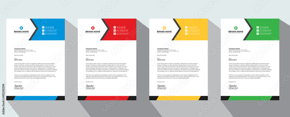 Professional Abstract corporate Letterhead template Design for Advertising Company Profile Layout, Letterhead Design Simple, And Clean Print-ready with Red, Orange, Blue and Green CMYK Color 27
