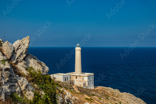 The lighthouse of Punta Palascia, in Otranto, Lecce, Salento, Puglia, Italy. The cape is Italy's most easterly point. The building is on the promontory that separates the Adriatic and Ionian seas.