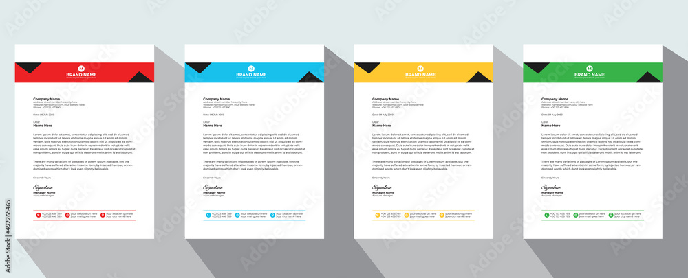 Professional Abstract corporate Letterhead template Design for Advertising Company Profile Layout, Letterhead Design Simple, And Clean Print-ready with Red, Orange, Blue and Green CMYK Color 28