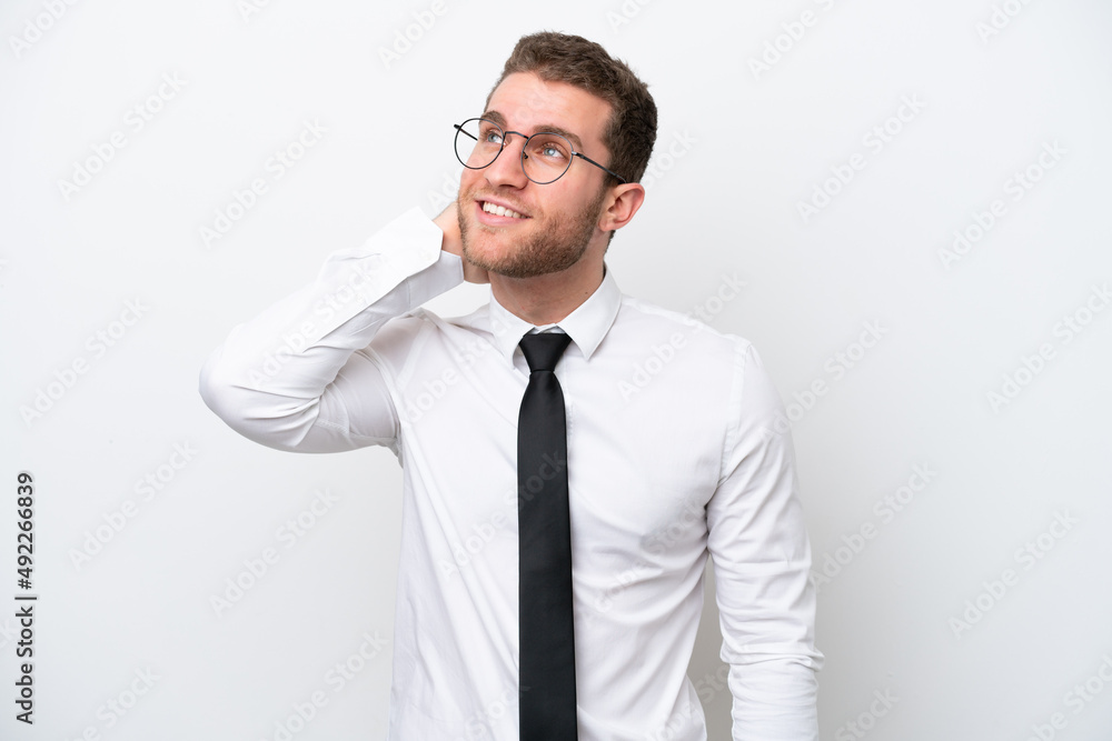 Young business caucasian man isolated on white background thinking an idea Young business caucasian man isolated on white background thinking an idea