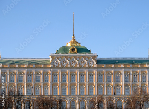 Grand Kremlin Palace with spire on cupola front view in cloudless sunny day