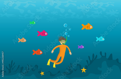 A boy and fishes snorkeling under the sea. Vector