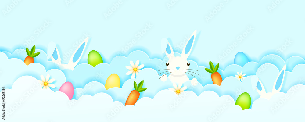 Illustration on the theme of the holiday Easter - clouds, eggs, carrots, rabbit, paper cut style