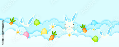 Illustration on the theme of the holiday Easter - clouds, eggs, carrots, rabbit, paper cut style
