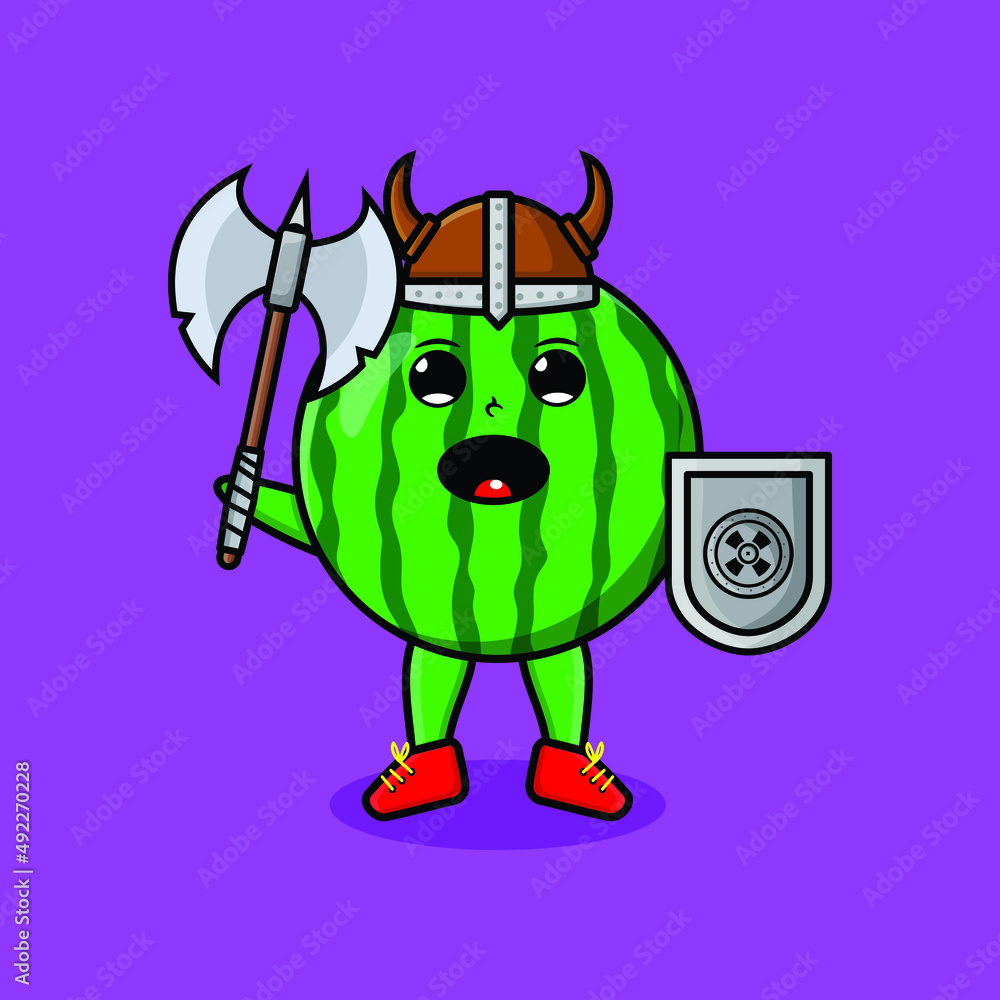 Obraz premium Cute cartoon character Watermelon viking pirate with hat and holding ax and shield in modern design 
