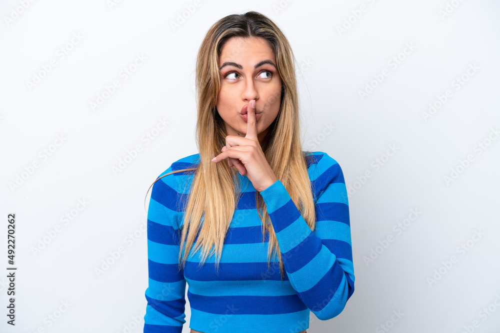 Young caucasian woman isolated on white background showing a sign of silence gesture putting finger in mouth Young caucasian woman isolated on white background showing a sign of silence gesture putting finger in mouth