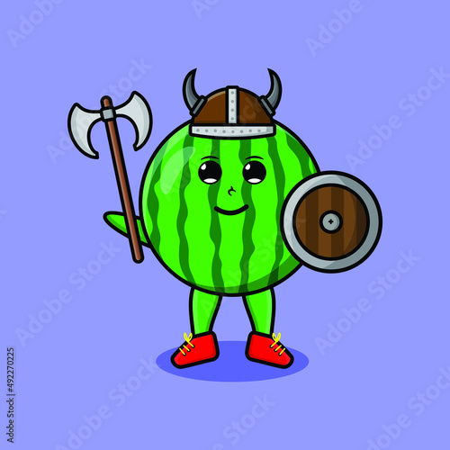 Cute cartoon character Watermelon viking pirate with hat and holding ax and shield in modern design 