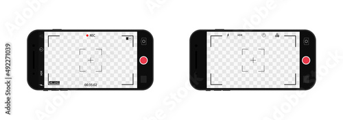 Video and photo camera in phone. Screen with interface of app for shot photo, record video. Horizontal mockup of smartphone with camera and ui. Icons of viewfinder, flash, focus, zoom. Vector