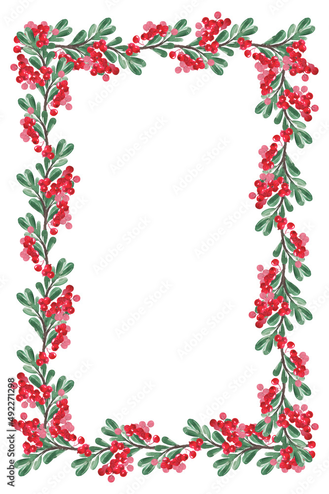 Botanical rectangular frame of branches with green leaves and red berries for the design of postcards, posters and other printed products. Isolated image on a white background.