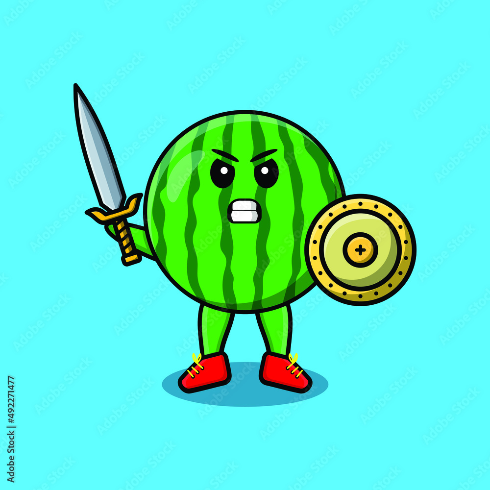 Obraz premium Cute cartoon character Watermelon holding sword and shield