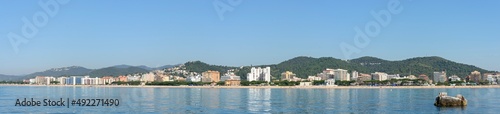 View from the sea towards Malgrat de Mar beach, Catalonia.