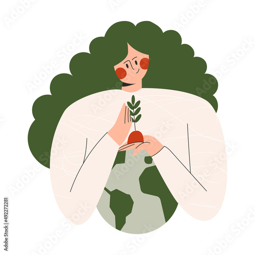Mother Earth planet Day or protect globe environment nature. Environmental protection. Saving the planet, female character protect our earth. Go green concept. Flat vector cartoon illustration