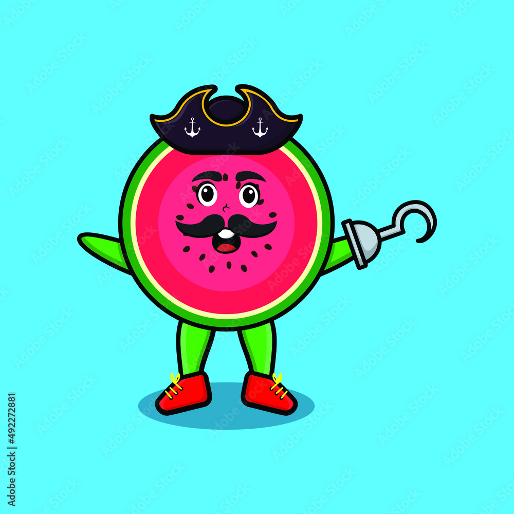 Cute cartoon pirate watermelon with hook hand in 3d modern style design Cute cartoon pirate watermelon with hook hand in 3d modern style design