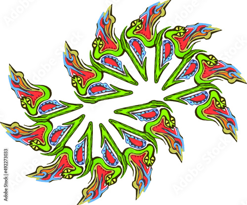 Abstract colored leaf or frame with snake elements on a white backdrop. Colorful grunge leaf with an unusual pattern in green-red-blue tonality for wallpaper, fashion, fabric, textiles, holidays, etc.