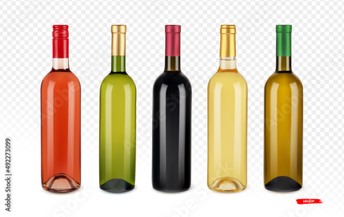 Set of white, red and pink wine bottles. Realistic vector illustration Wine bottles on transparent background.